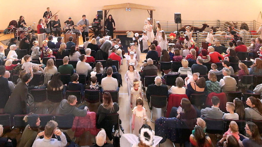 View from above of a church service in progess