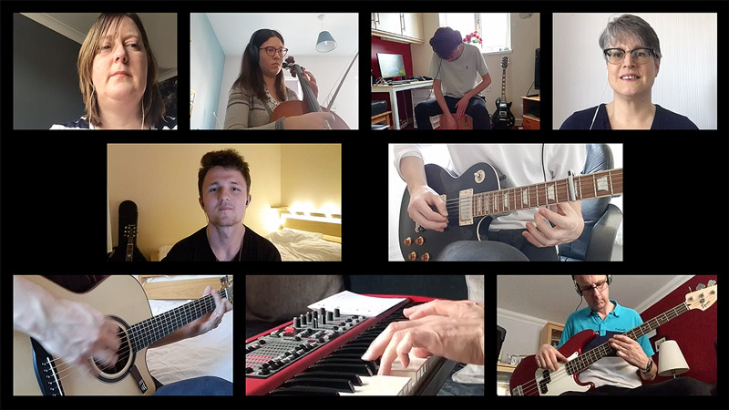 Insets showing different members of the music worship teams