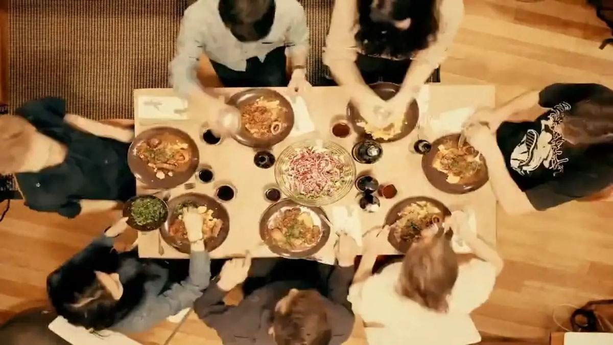 Overhead view of people dining at a table